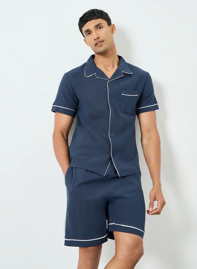 Men Navy Blue Piping Detail Shirt and Shorts Pyjama Set