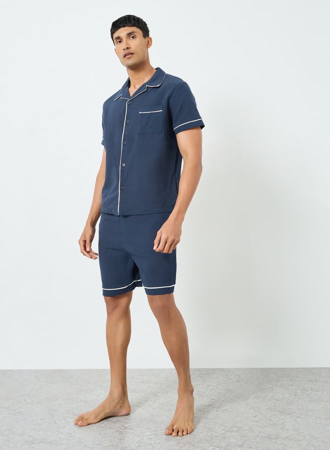 Styli Men Navy Blue Piping Detail Shirt and Shorts Pyjama Set - Image 2