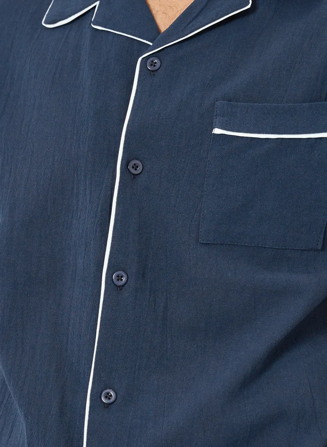 Styli  Men Navy Blue Piping Detail Shirt and Shorts Pyjama Set for Men | Best Price UAE