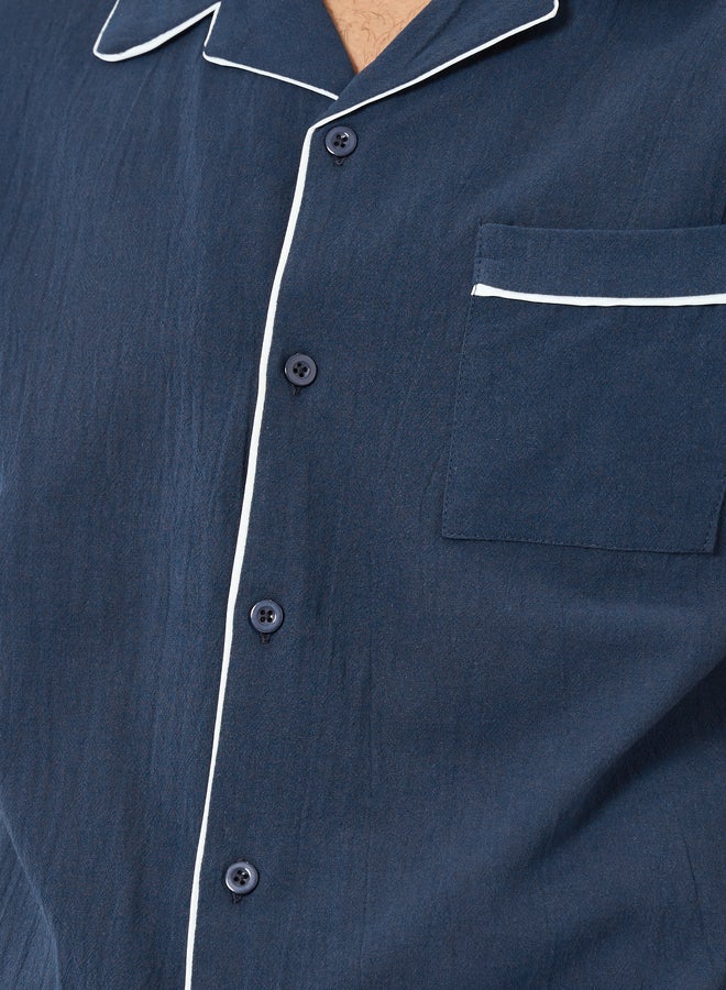 Styli Men Navy Blue Piping Detail Shirt and Shorts Pyjama Set - Image 3