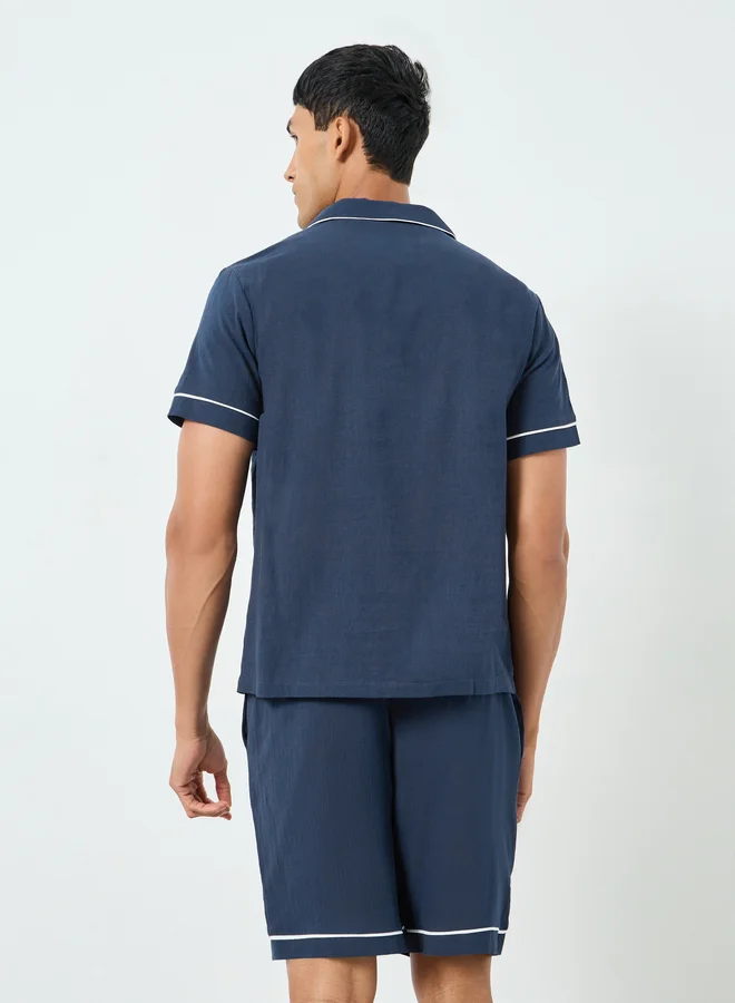 Styli  Men Navy Blue Piping Detail Shirt and Shorts Pyjama Set for Men | Best Price UAE