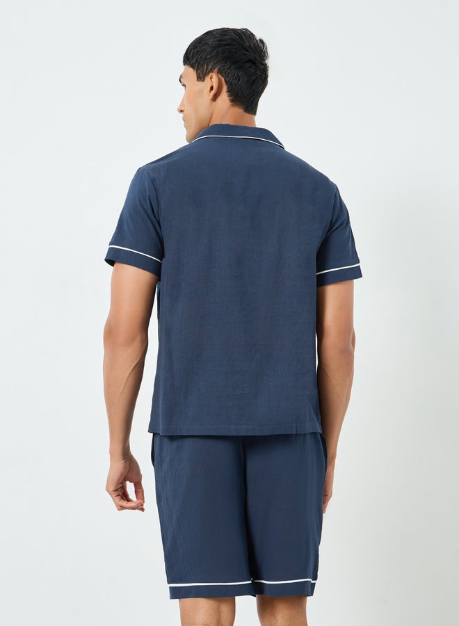 Styli Men Navy Blue Piping Detail Shirt and Shorts Pyjama Set - Image 5