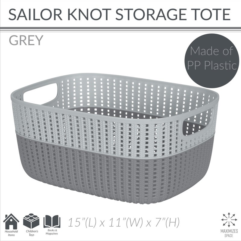 Simplify 2 Tone Sailor Knot Plastic Storage Tote | Decorative Basket | Closet Organization | De-clutter | Accessories | Toys | Bathroom Organization | Large | Grey/Grey - Image 2