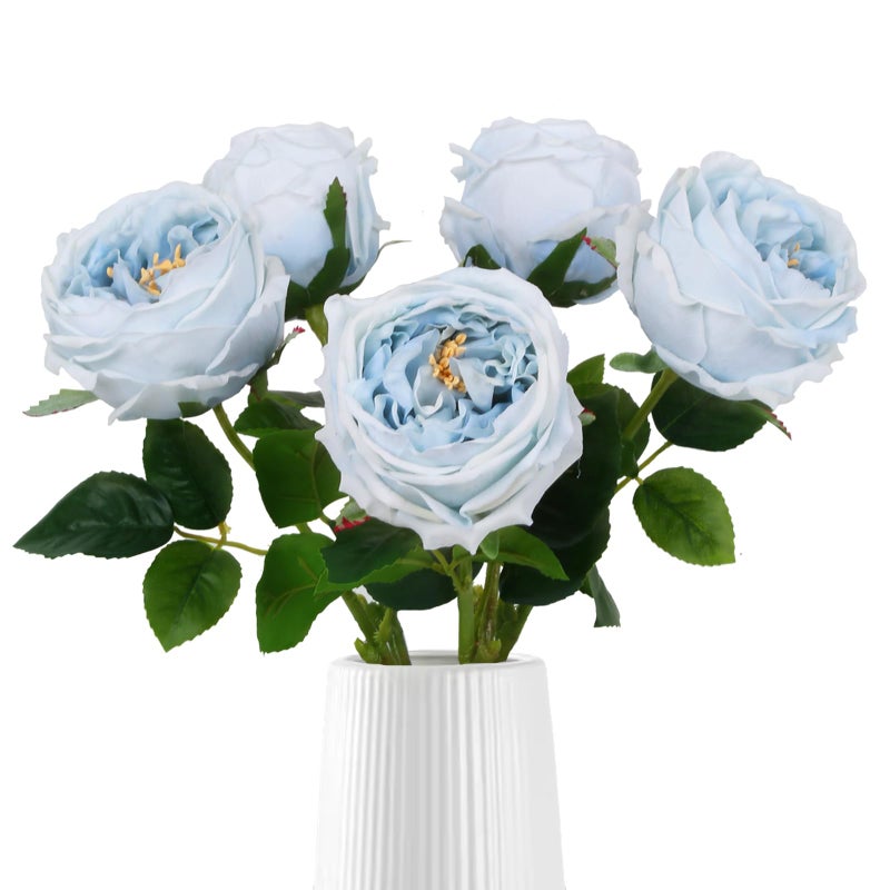 IPOPU Blue Roses Artificial Flowers 5PCS Real Touch Peonies Faux Austin Roses with Stems for Wedding Bouquet Party Home Decor (Blue) - Image 1