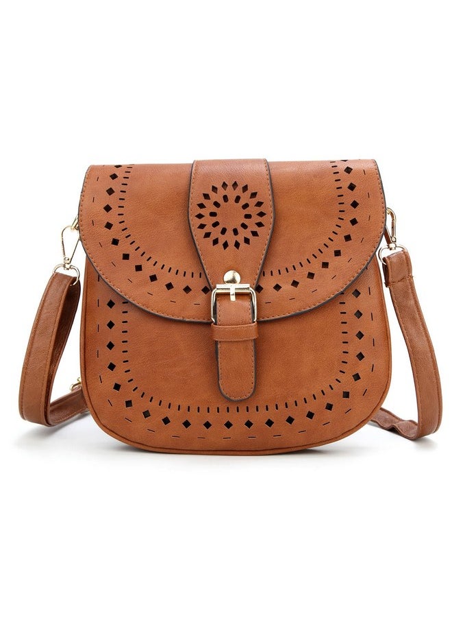 forestfish Ladie'S Pu Leather Vintage Hollow Bag Crossbdy Bag Shoulder Bag (Brown)  - Image 1