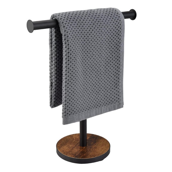 TOWEL HOLDER STAND COUNTERTOP HAND TOWEL STAND FOR BATHROOM AND KITCHEN FREE STANDING COUNTER TOWEL RACK WITH WEIGHTED WOOD BASE RUSTIC BLACK AND BROWN