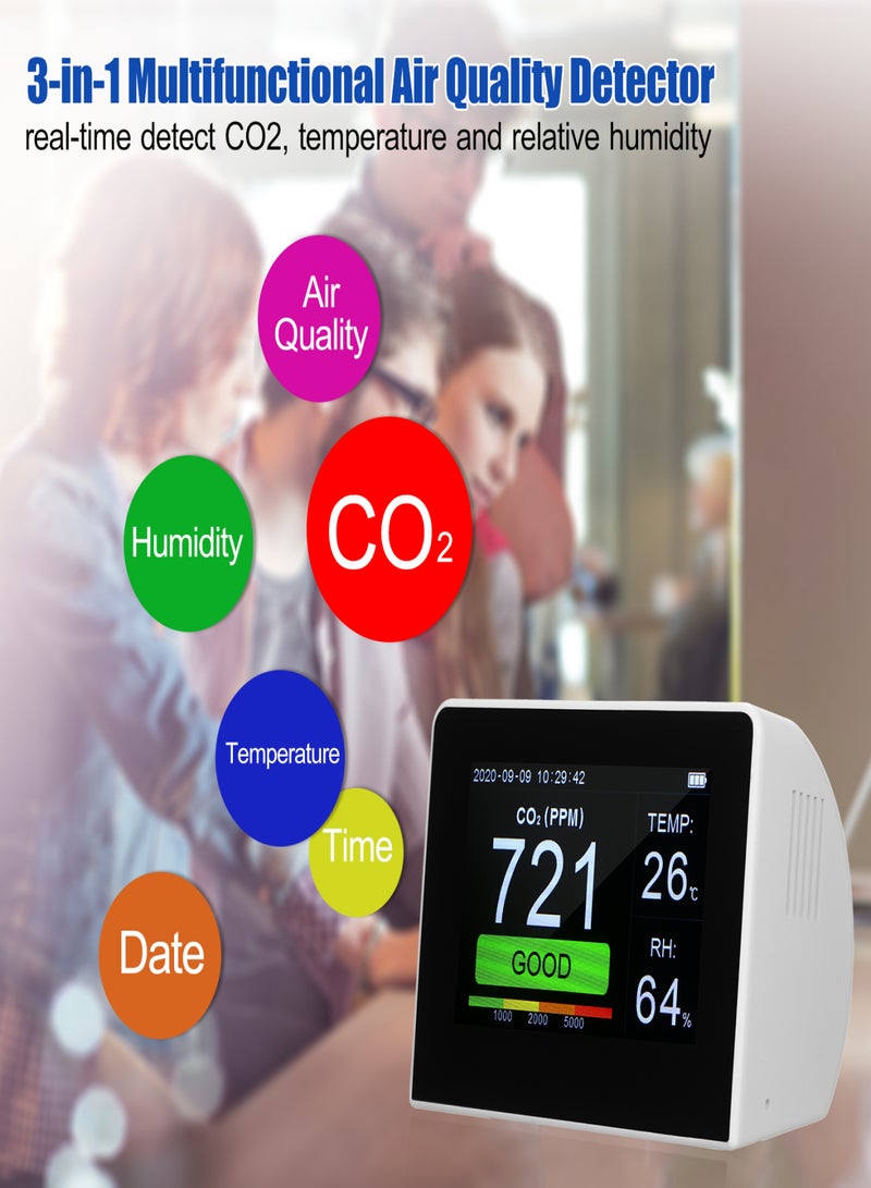 Desktop CO2/RH/Temp. 3-in-1 Multifunctional Air Quality Detector Temperature Humidity Monitor Indoor/Outdoor CO2 Meter Tester 3.5-inch Digital Hygrothermograph with Data Logger Rechargeable Battery for Home Office Car - Image 3