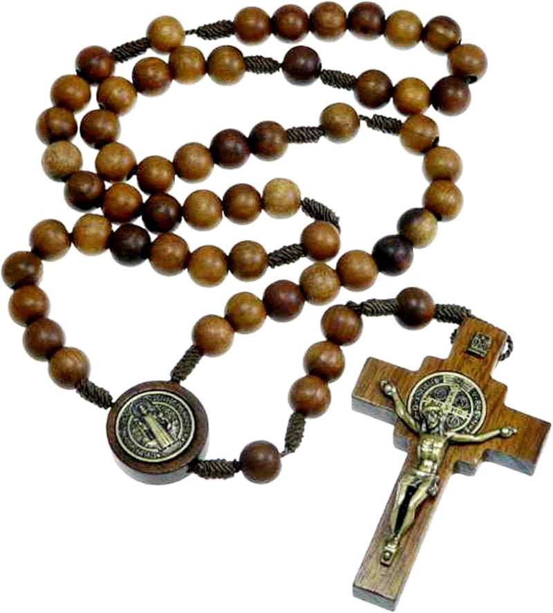 Alexander Castle Our Father Solid Wooden Rosary Beads (Handmade - Brazilian Walnut) with St Benedict Junction - Comes in Velour Gift Pouch - Image 1
