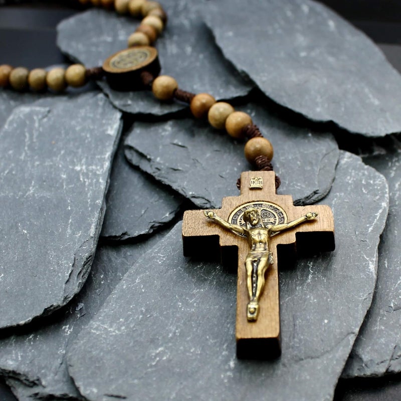 Alexander Castle Our Father Solid Wooden Rosary Beads (Handmade - Brazilian Walnut) with St Benedict Junction - Comes in Velour Gift Pouch - Image 2