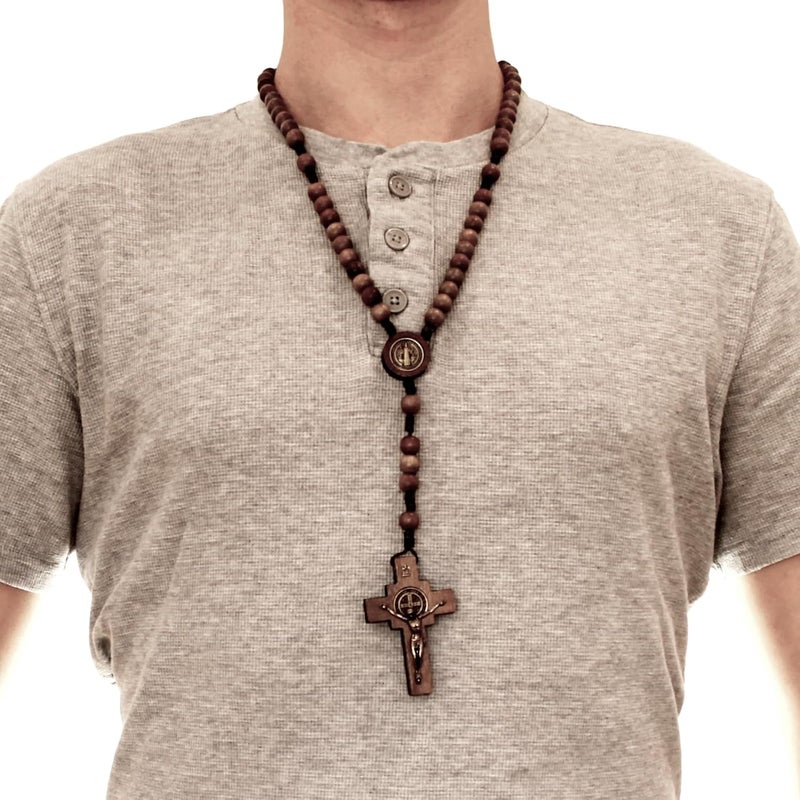 Alexander Castle Our Father Solid Wooden Rosary Beads (Handmade - Brazilian Walnut) with St Benedict Junction - Comes in Velour Gift Pouch - Image 5