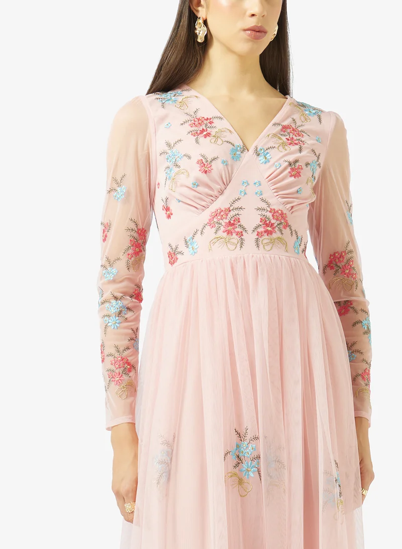 Frock And Frill  Embroidered Mesh Detailed Maxi Dress for Women | Best Price UAE