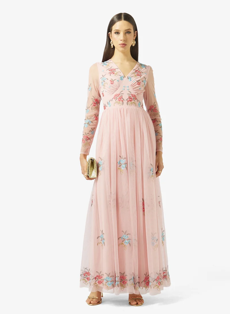 Frock And Frill  Embroidered Mesh Detailed Maxi Dress for Women | Best Price UAE