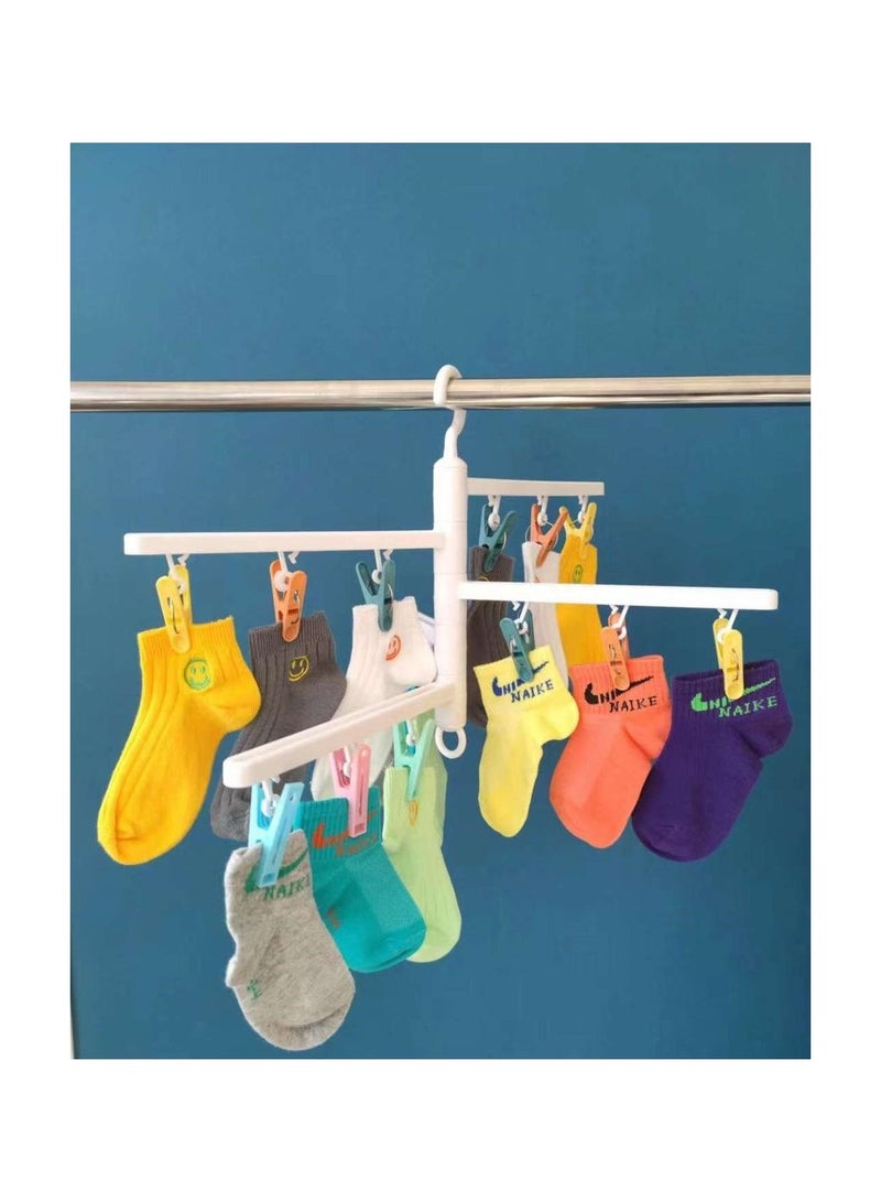 Foldable Plastic Laundry Drying Rack with 12 Clips for Hanging Socks, Underwear, Gloves, Diapers, Drool Towels and Bibs