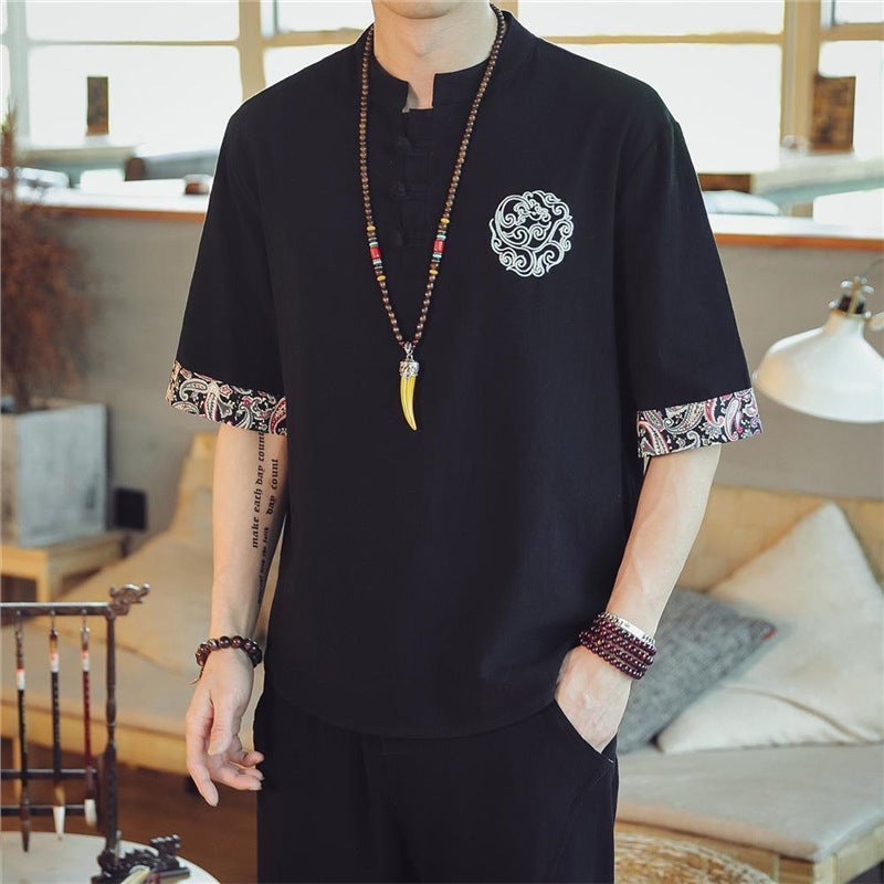 Chinese Style Costume Shirt Mens Short-sleeved Chinese Style Cotton Linen Half-sleeved T-shirt Tang Suit Embroidered plus size Loose Shirt Black-ym51 counter quality junction imitation version