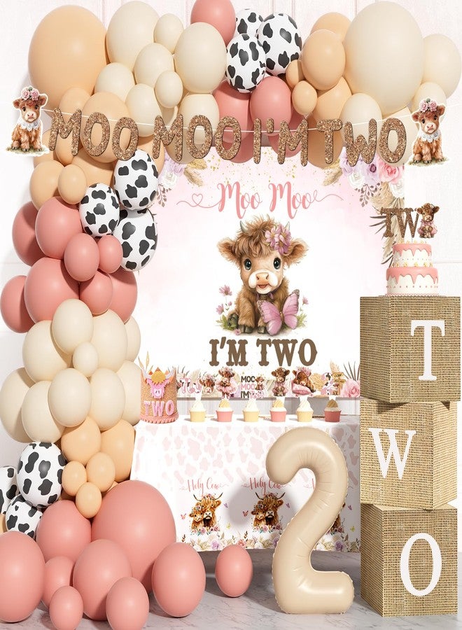 Hombae Moo Moo I’m Two Birthday Party Decorations, 124 Pcs - Highland Cow 2nd Party Supplies with Backdrop, Balloon Garland, Cake Topper, Boxes for Girls Boho Cow Themed 2 Year Old Birthday - Image 1