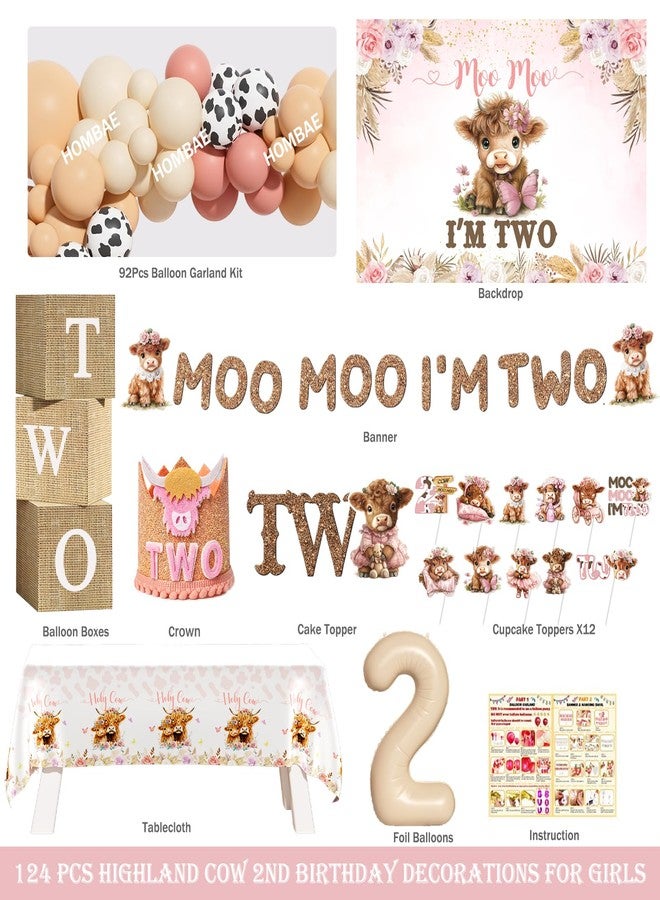 Hombae Moo Moo I’m Two Birthday Party Decorations, 124 Pcs - Highland Cow 2nd Party Supplies with Backdrop, Balloon Garland, Cake Topper, Boxes for Girls Boho Cow Themed 2 Year Old Birthday - Image 2