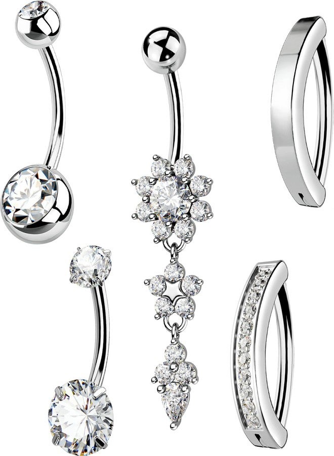 MS CUTE 5PCS Belly Button Rings for Women 14G Dangle Navel Piercing Jewelry Set Surgical Stainless Steel Body Jewelry with CZ Butterfly Flower Teardrop Barbell for Beach Festival Daily, 14G 10MM - Image 1