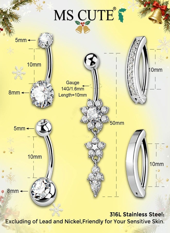 MS CUTE 5PCS Belly Button Rings for Women 14G Dangle Navel Piercing Jewelry Set Surgical Stainless Steel Body Jewelry with CZ Butterfly Flower Teardrop Barbell for Beach Festival Daily, 14G 10MM - Image 4