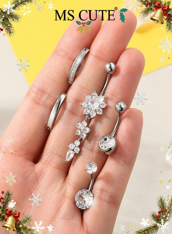 MS CUTE 5PCS Belly Button Rings for Women 14G Dangle Navel Piercing Jewelry Set Surgical Stainless Steel Body Jewelry with CZ Butterfly Flower Teardrop Barbell for Beach Festival Daily, 14G 10MM - Image 3