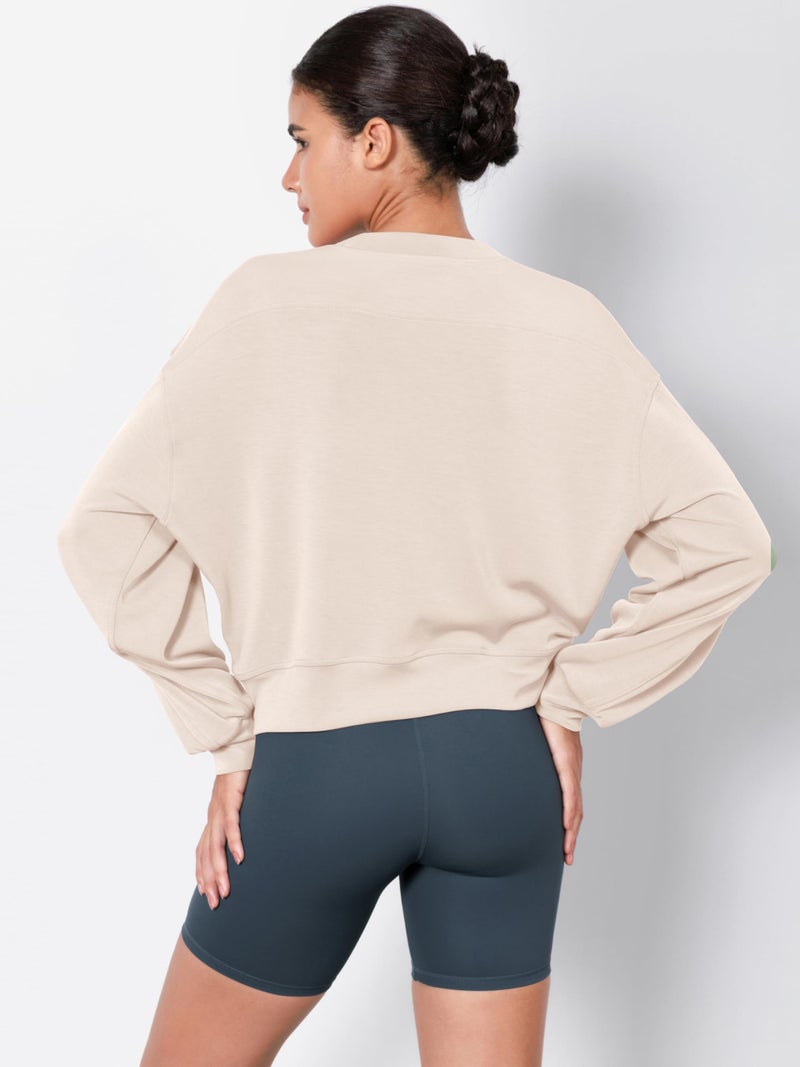 ODODOS Modal Soft Long Sleeve Cropped Sweatshirts for Women Oversized Crew Neck Pullover Crop Top, Beige, Medium - Image 3