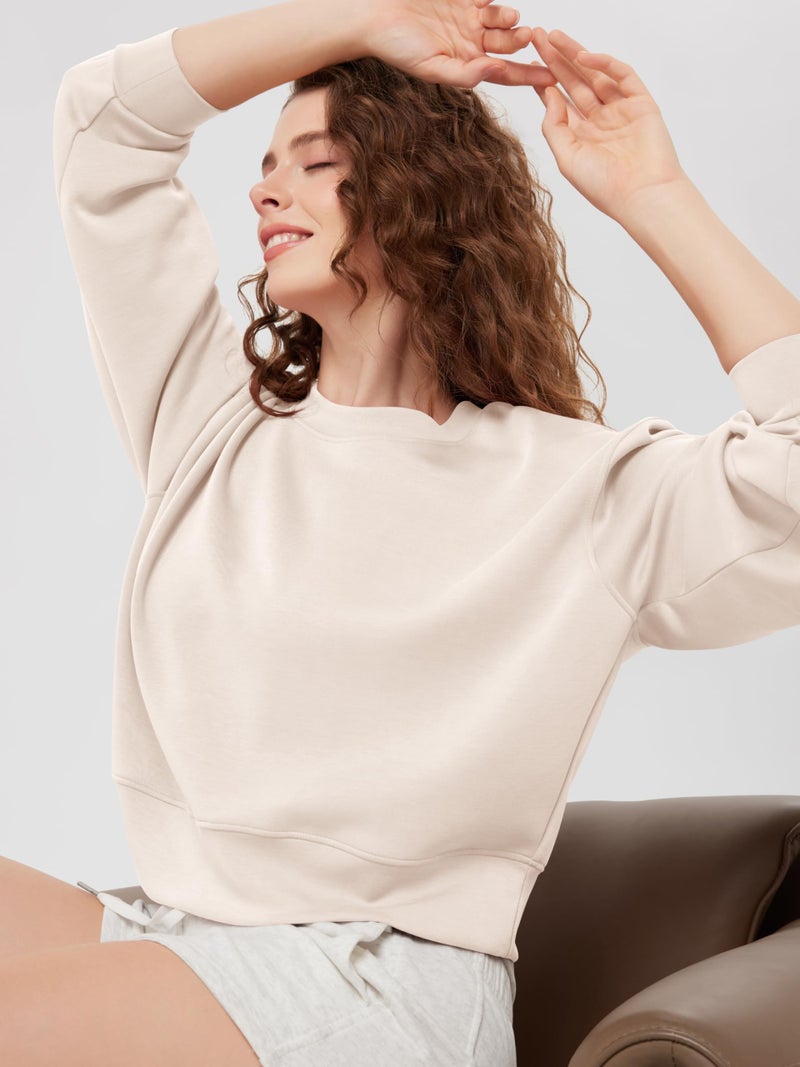 ODODOS Modal Soft Long Sleeve Cropped Sweatshirts for Women Oversized Crew Neck Pullover Crop Top, Beige, Medium - Image 4