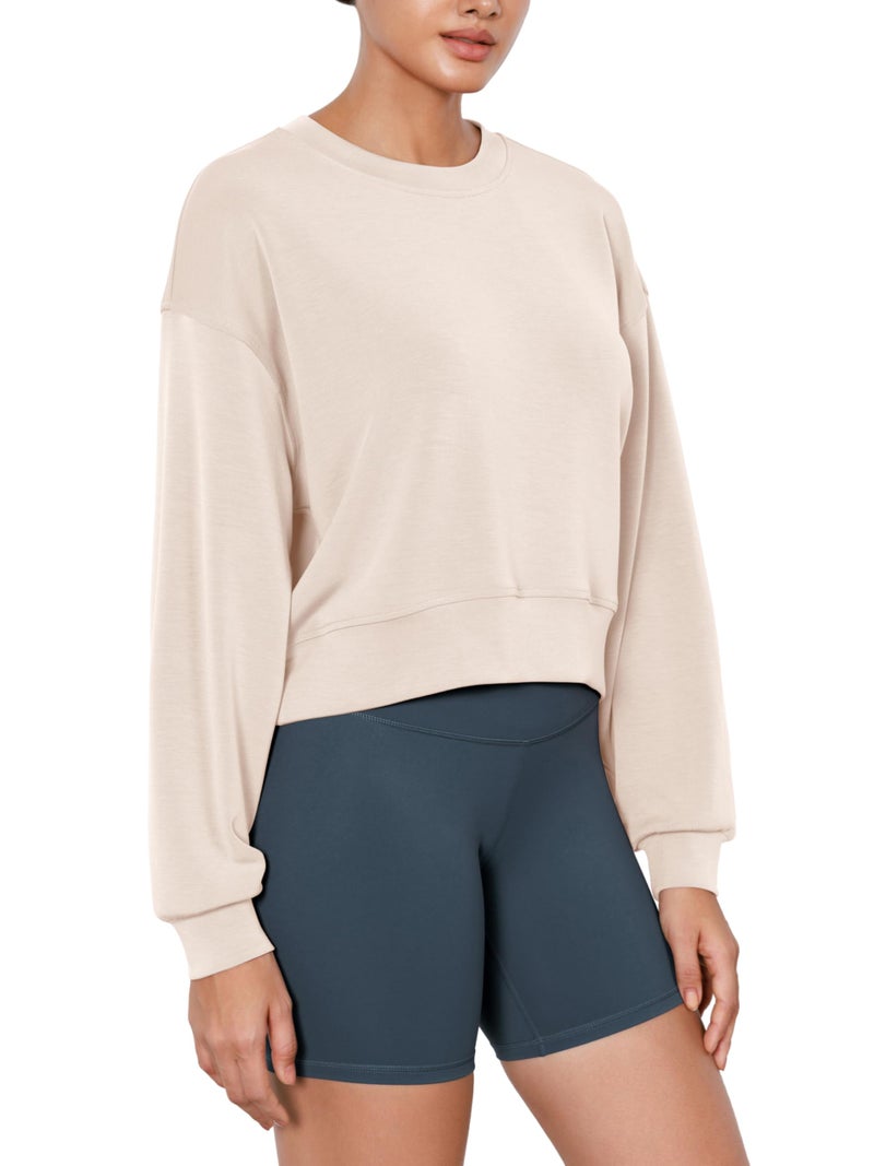 ODODOS Modal Soft Long Sleeve Cropped Sweatshirts for Women Oversized Crew Neck Pullover Crop Top, Beige, Medium - Image 1