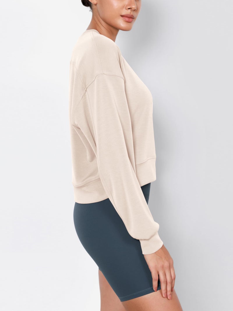 ODODOS Modal Soft Long Sleeve Cropped Sweatshirts for Women Oversized Crew Neck Pullover Crop Top, Beige, Medium - Image 2
