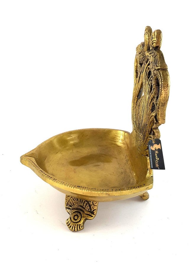 Two Moustaches Brass Twin Peacock Over Carving Table Diya (Yellow_5 Inch X 4 Inch X 6 Inch) - Image 2
