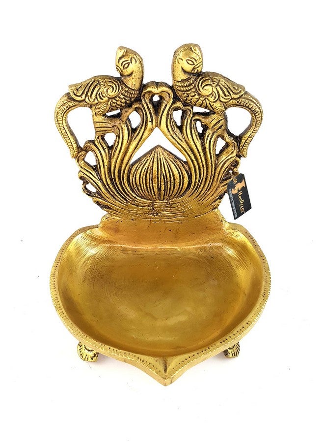 Two Moustaches Brass Twin Peacock Over Carving Table Diya (Yellow_5 Inch X 4 Inch X 6 Inch) - Image 3