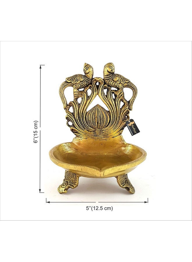 Two Moustaches Brass Twin Peacock Over Carving Table Diya (Yellow_5 Inch X 4 Inch X 6 Inch) - Image 4