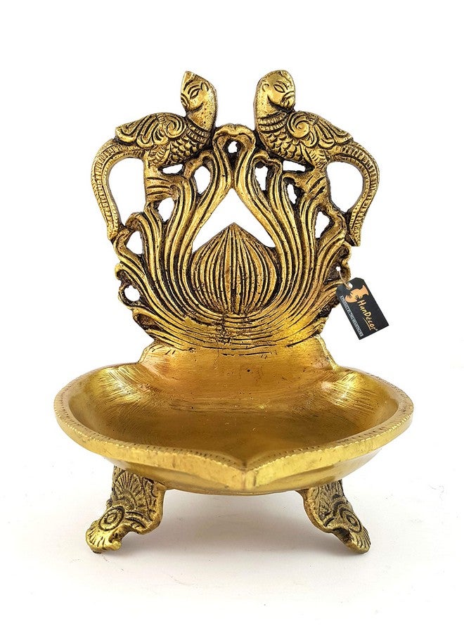 Two Moustaches Brass Twin Peacock Over Carving Table Diya (Yellow_5 Inch X 4 Inch X 6 Inch) - Image 1