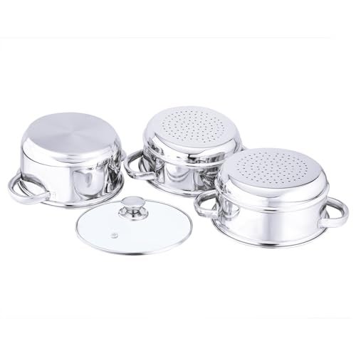 Anjali FS3T Fiesta 3-Tier Stainless Steel Food Steamer with Glass Lid, 20 cm - Perfect for Steaming Vegetables, Idlis, Momos, and More - Durable Design with Side Handles for Effortless Cooking - Image 3