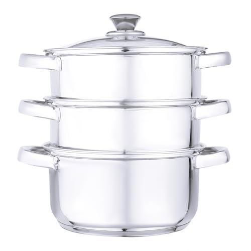 Anjali FS3T Fiesta 3-Tier Stainless Steel Food Steamer with Glass Lid, 20 cm - Perfect for Steaming Vegetables, Idlis, Momos, and More - Durable Design with Side Handles for Effortless Cooking - Image 1