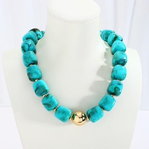 WOWORAMA Chunky Choker Necklaces for Women Trendy Chunky Beads Statement Necklace Blue Large Square Resin Beaded Necklace Boho Summer Jewelry - Image 4