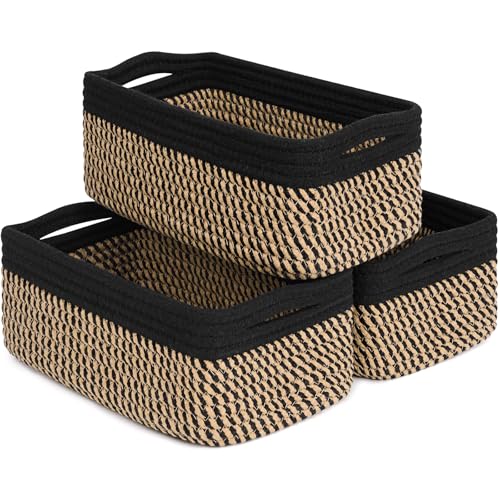 Goodpick Storage Baskets Small Baskets for Organizing Gift Basket Empty Woven Rope Basket for Shelves Closet Organizer Bins for Towels 3 Pack Black Jute 11 x 7 x 45 in - Image 1