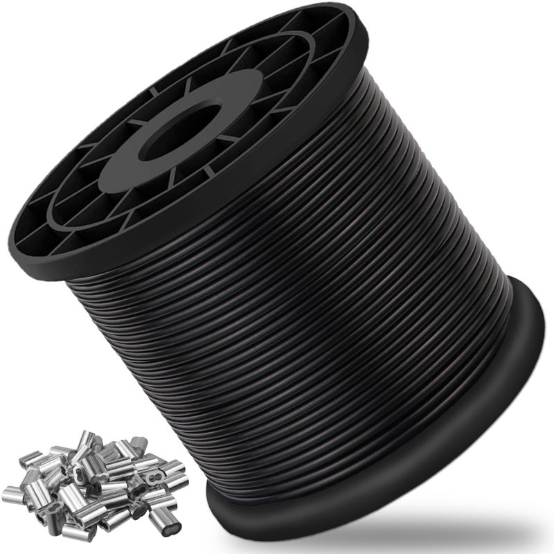 Flngr Vinyl Coated Wire Rope 304 Stainless Steel Coated Wire Cable-Black, 1/16" OD to 3/32" x 328FT, with 150 Pcs Crimping Sleeves-Cable for String Lights, Suitable for Clotheslines - Image 1