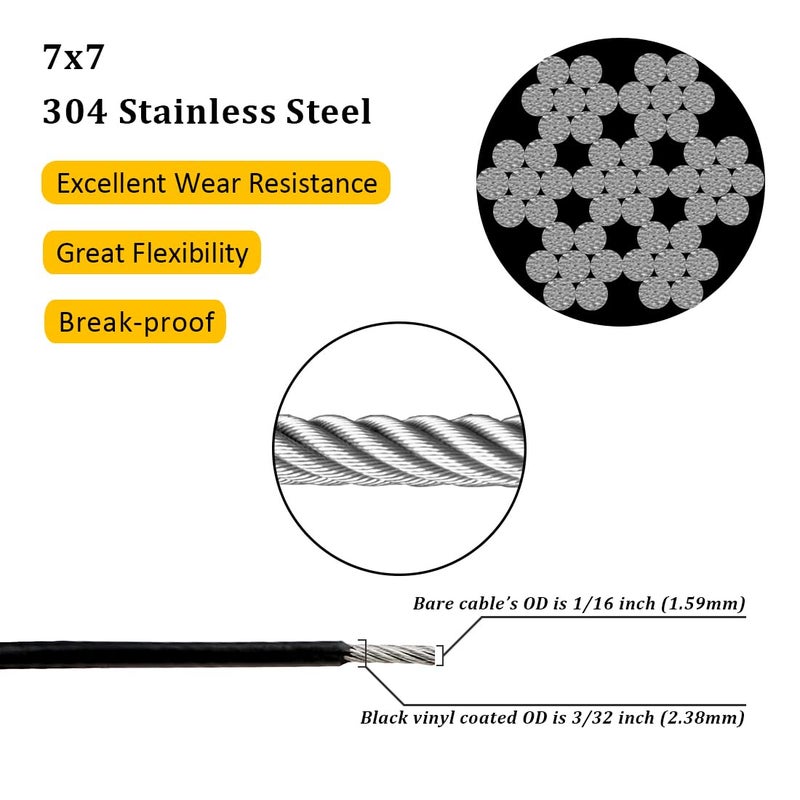 Flngr Vinyl Coated Wire Rope 304 Stainless Steel Coated Wire Cable-Black, 1/16" OD to 3/32" x 328FT, with 150 Pcs Crimping Sleeves-Cable for String Lights, Suitable for Clotheslines - Image 2