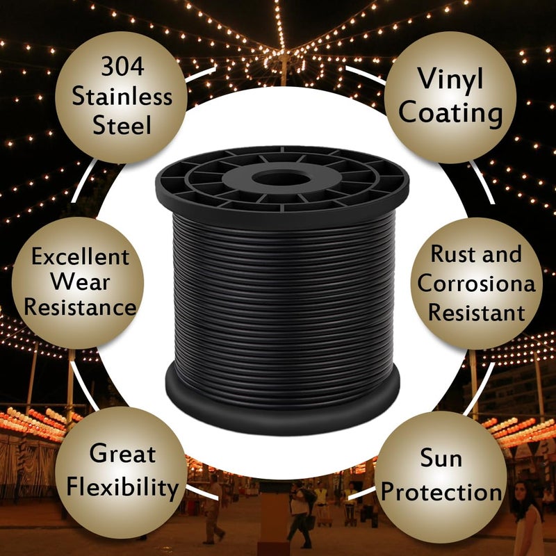 Flngr Vinyl Coated Wire Rope 304 Stainless Steel Coated Wire Cable-Black, 1/16" OD to 3/32" x 328FT, with 150 Pcs Crimping Sleeves-Cable for String Lights, Suitable for Clotheslines - Image 4