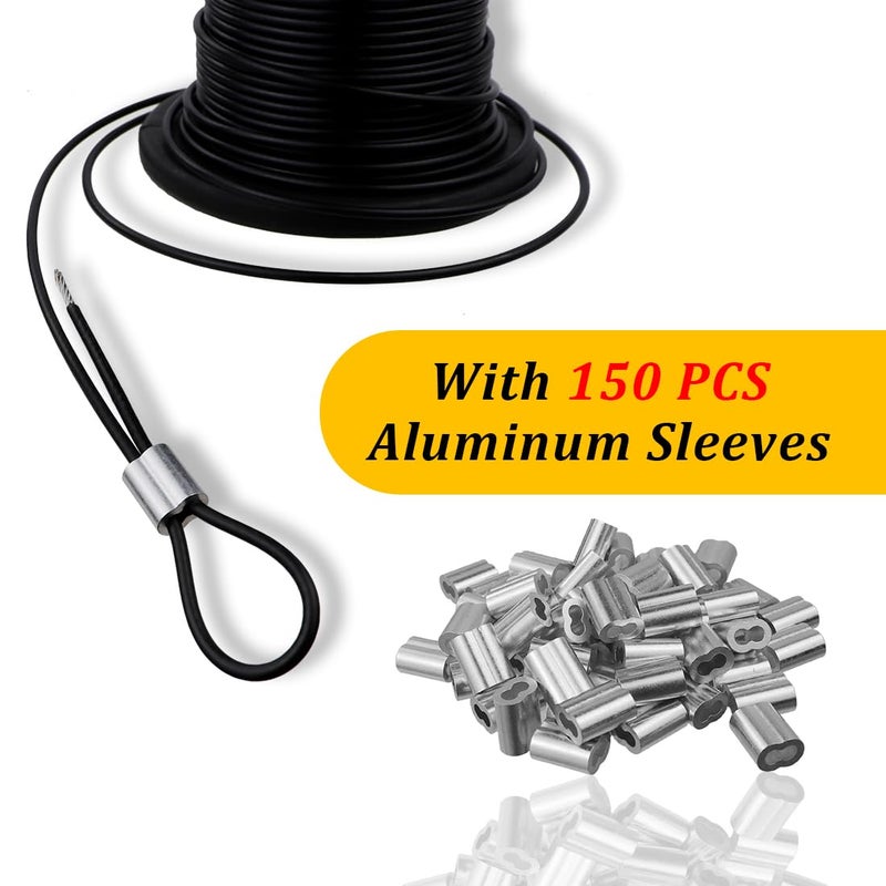 Flngr Vinyl Coated Wire Rope 304 Stainless Steel Coated Wire Cable-Black, 1/16" OD to 3/32" x 328FT, with 150 Pcs Crimping Sleeves-Cable for String Lights, Suitable for Clotheslines - Image 3