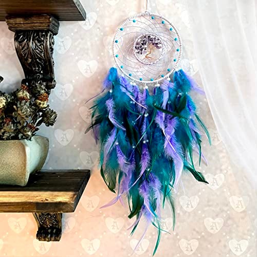 Dksuwe Dream Catchers, Purple Green Dream Catcher Tree of Life Wall Decor, with Natural Healing Crystal Stone, Perfect Handmade Dreamlike Crystal Dream Catcher for Bedroom Art Craft Gift - Image 4