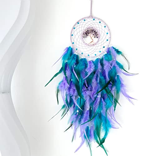 Dksuwe Dream Catchers, Purple Green Dream Catcher Tree of Life Wall Decor, with Natural Healing Crystal Stone, Perfect Handmade Dreamlike Crystal Dream Catcher for Bedroom Art Craft Gift - Image 1