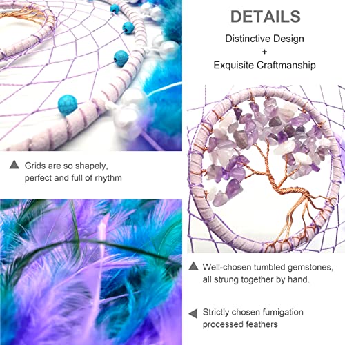 Dksuwe Dream Catchers, Purple Green Dream Catcher Tree of Life Wall Decor, with Natural Healing Crystal Stone, Perfect Handmade Dreamlike Crystal Dream Catcher for Bedroom Art Craft Gift - Image 3