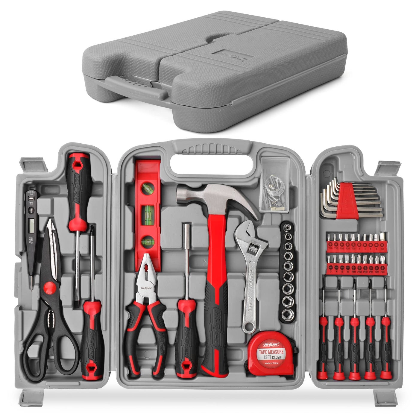 Hi-Spec 54 Piece Red Home & Office Tool Kit Set. General DIY Repair & Maintenance Hand Tools with Hammer, Pliers, Screwdriver & Hex Key Sets. Complete in a Storage Box Carry Case