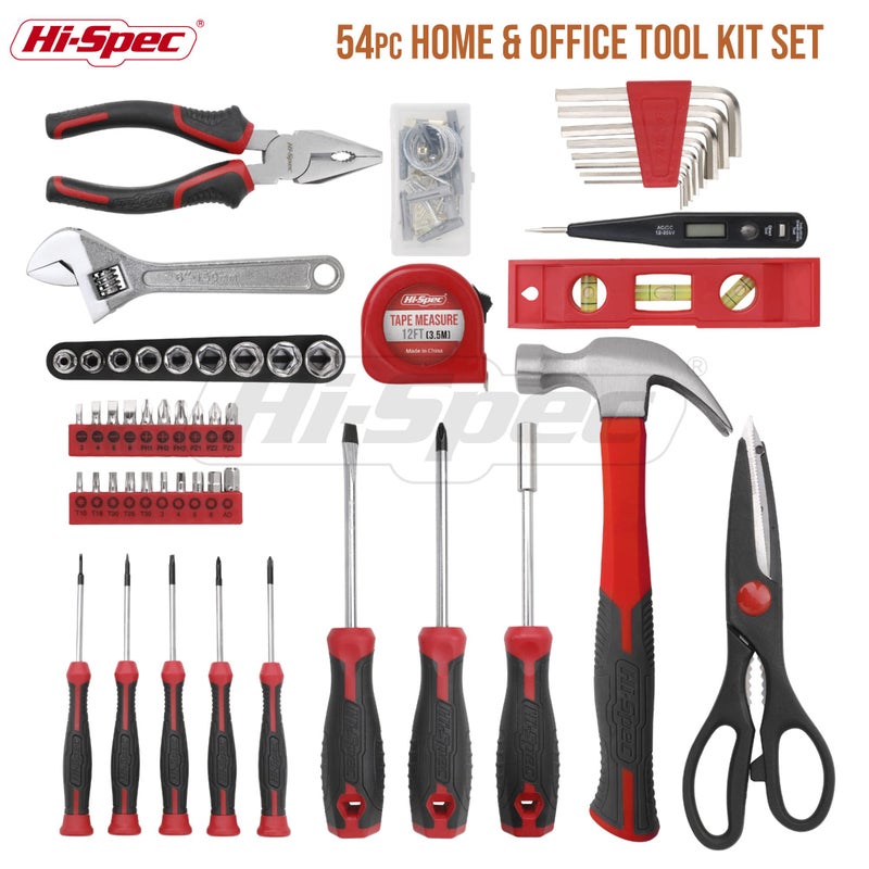 Hi-Spec Hi-Spec 54 Piece Red Home & Office Tool Kit Set. General DIY Repair & Maintenance Hand Tools with Hammer, Pliers, Screwdriver & Hex Key Sets. Complete in a Storage Box Carry Case - Image 2