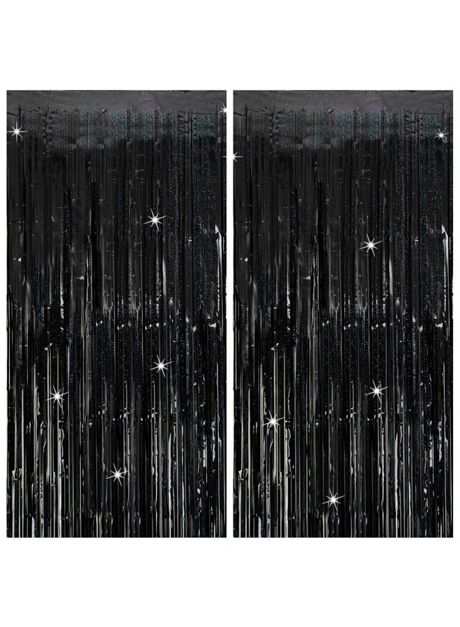 K.E.J. Tinsel Curtain Backdrop Black Birthday & Wedding Decorations 2 Packs Glitter Foil Fringe Curtain Decor Streamers Photo Booth for Christmas & Halloween - Image 1