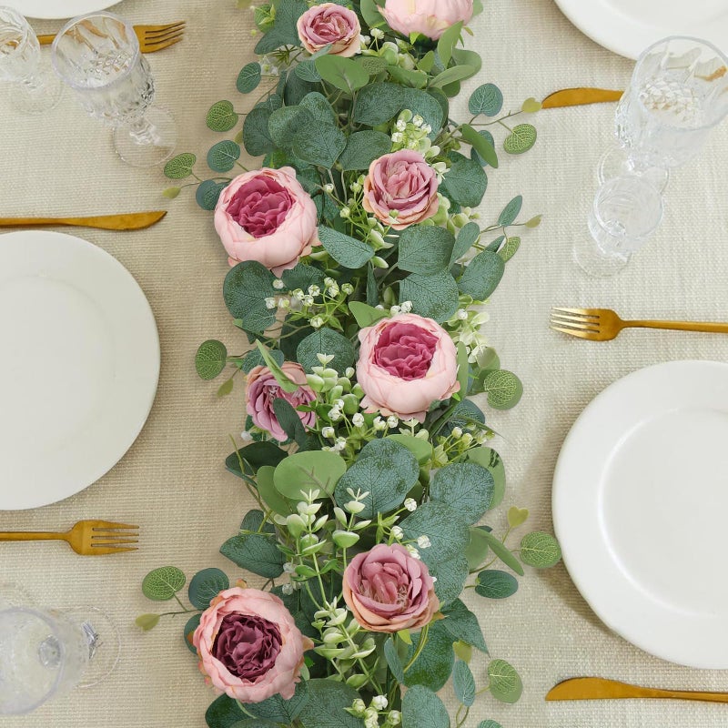 Somyting Artificial Flowers Garland 6Ft Eucalyptus Flower Garlands Vintage Peony Rose Vine Faux Floral Garland For Wedding Party Arch Table Wall Backdrop Decoration (Vintage Pink  4Pcs) - Image 5