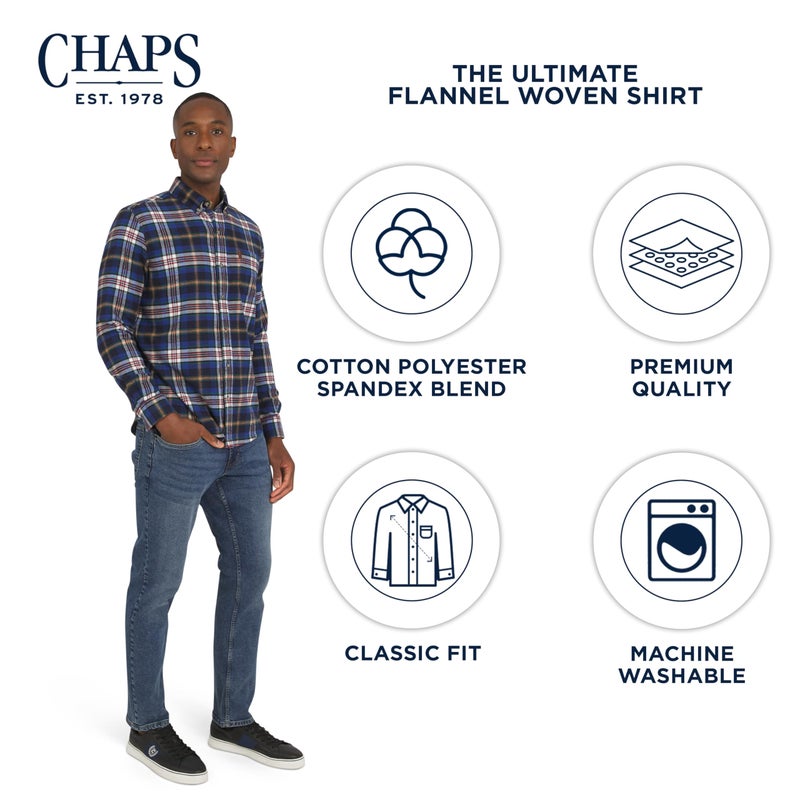 Chaps Men's Classic Fit Long Sleeve Button Down Stretch Flannel Casual Woven Shirt, Blue Multi, X-Large - Image 4
