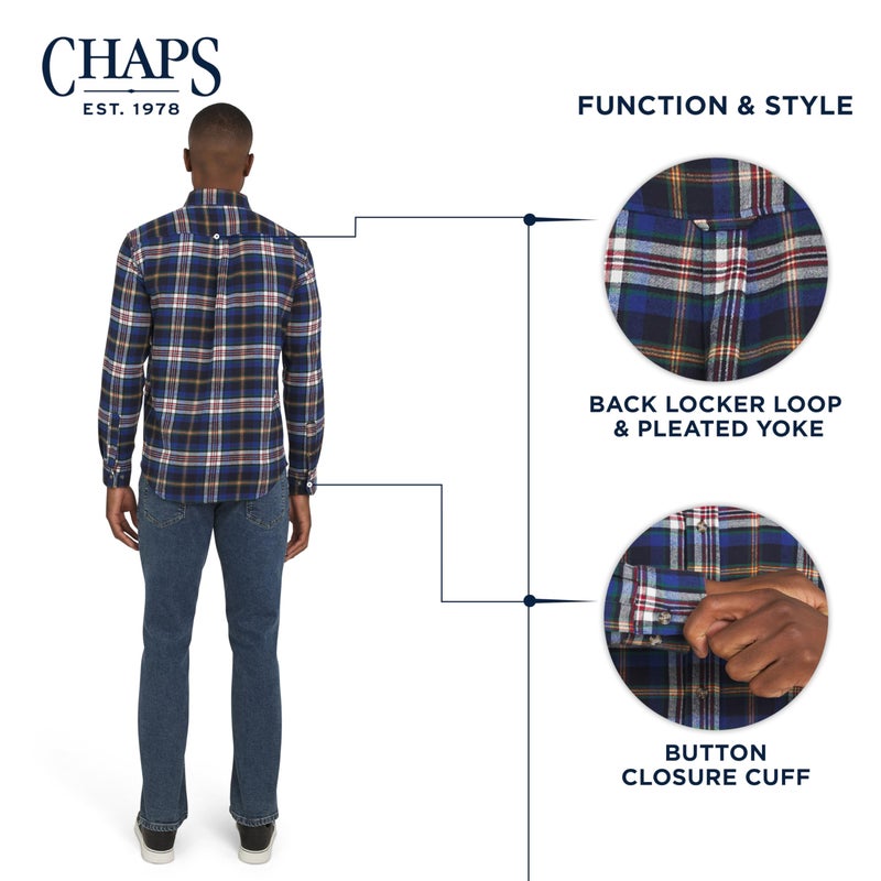 Chaps Men's Classic Fit Long Sleeve Button Down Stretch Flannel Casual Woven Shirt, Blue Multi, X-Large - Image 5