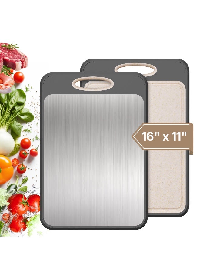 SH PROTECT TOUCH Double Sided Cutting Board 304 Stainless Steel and Wheat Straw PP Large 16”×11”Food-Grade Non-Toxic& BPA-Free Chopping Board for Meat&Vegetables - Image 1