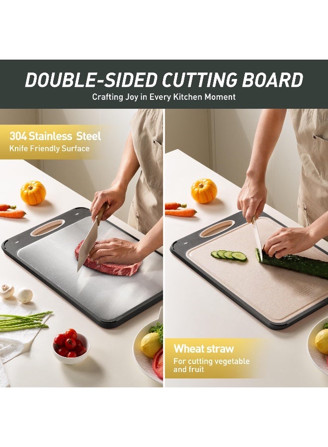 SH PROTECT TOUCH Double Sided Cutting Board 304 Stainless Steel and Wheat Straw PP Large 16”×11”Food-Grade Non-Toxic& BPA-Free Chopping Board for Meat&Vegetables - Image 2
